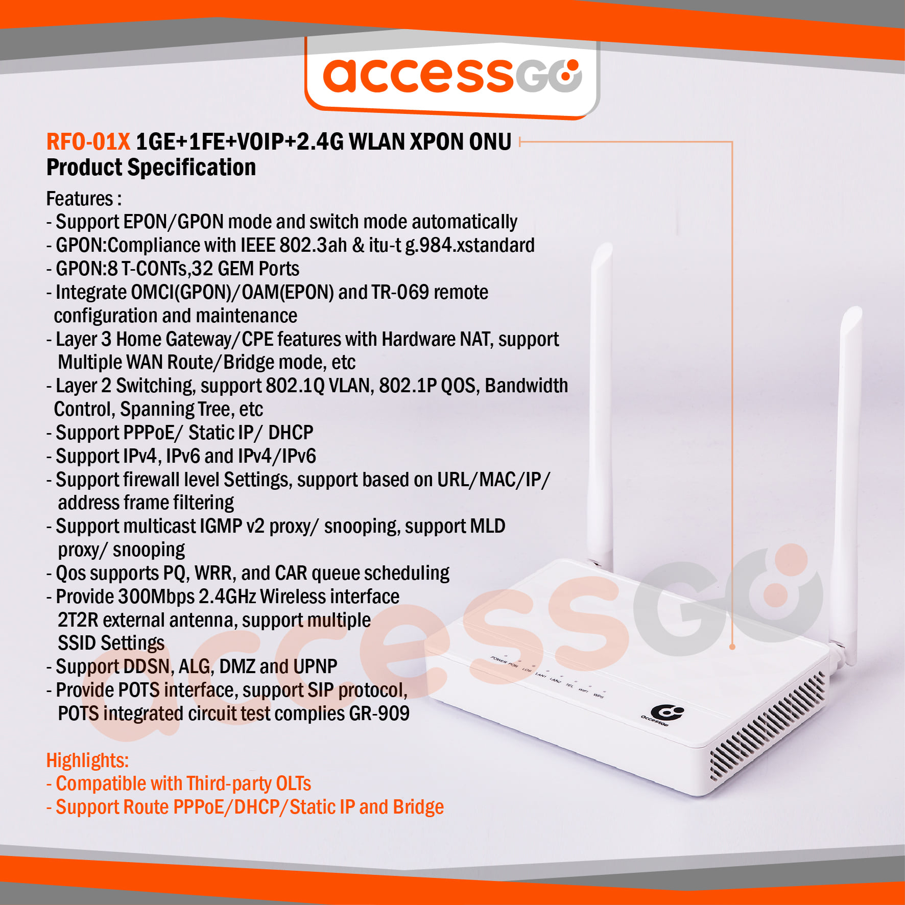 Router Wifi ACCESSGO RFO 01X ONU XPON 1GE 1FE VOIP 2 4G WLAN BERGARANSI Image 3